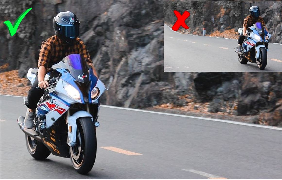 Das Motorrad fährt in das Bild hinein, nicht heraus Das Motorrad fährt in das Bild hinein, nicht heraus